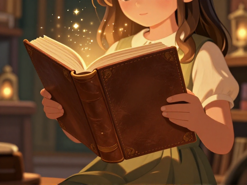 A little girl holding a glowing, leather-bound book with blank pages