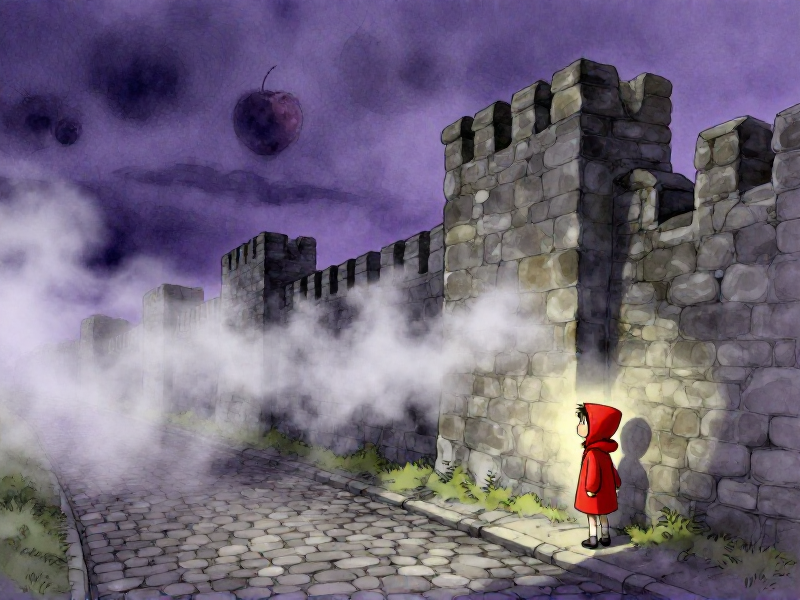 A cobblestone lane ending at an ancient stone wall, dissolving into magical mist