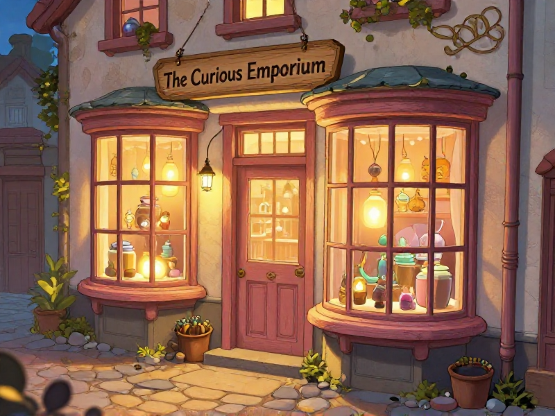 A magical shop with glowing windows and strange artifacts