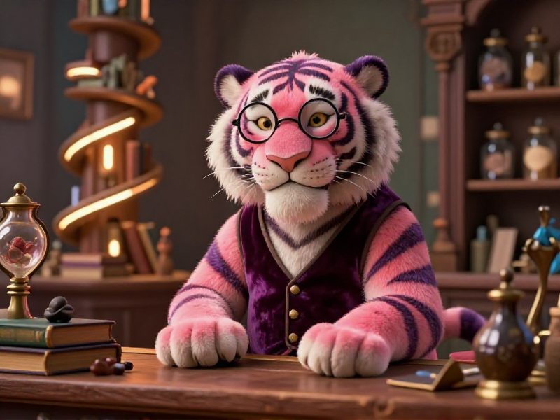A pink tiger wearing a velvet waistcoat and spectacles behind a magical shop counter